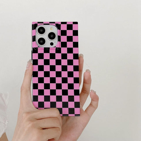 Rectangle Pink Checkered Phone Case for iPhone 15 Pro (6.1in) Cute Checkerboard Checker Flag Print Glossy Slim Trendy Rectangled Edge Strong Shockproof Cover for iPhone 15pro 6.1"