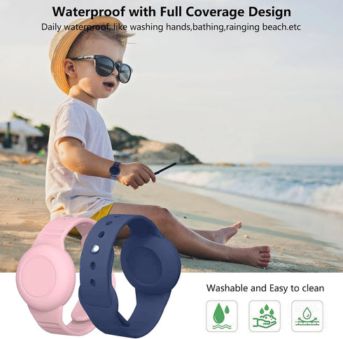 Waterproof Airtag Bracelet for Kids, 2 Pack Hidden Wristband, Anti-Lost Silicone Holder Case for Toddler - Blue+Pink