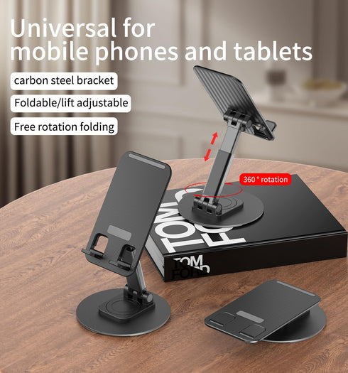 360 Degree Rotating Mobile Phone Holder,Fully Adjustable Foldable Desktop Phone Holder Stand Base,Foldable Desktop Cell Phone Stands for iPhone15 14 13 Pro Max Plus iPad Samsung (K39B-black)