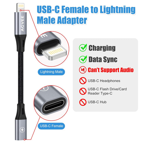 AGVEE 2 Pack 4 inch 30W USB-C Female to Lightning Cable Adapter, Type-C to 8 Pin Male PD Fast Charging Converter Cord Data Sync Connector for iPhone 13 12 11 Airpods iOS Device, Carplay, Dark Gray