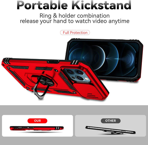 SunStory Red iPhone 12 Pro Max Case, with HD Screen Protector & Slide Camera Cover & Rotated Ring Kickstand