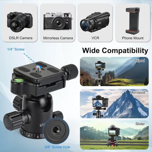 UTEBIT 40MM 360 22lbs/10kg 1/4" Metal Tripod Ball Head with Camera Quick Release Plate Swivel Camera Ball Mount Load