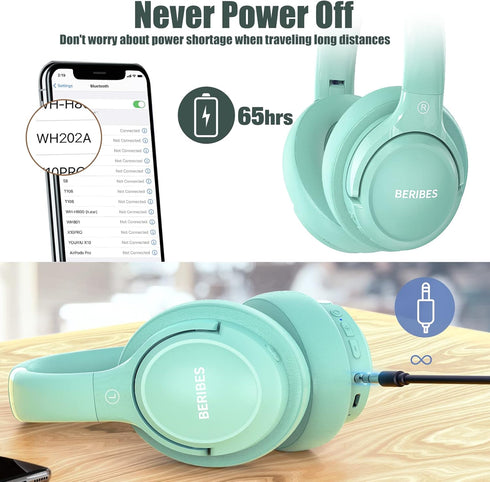 Bluetooth Wireless Headphones Over Ear, BERIBES 65H Playtime, 6 EQ Music Modes, HiFi Stereo, Lightweight Headset, Green