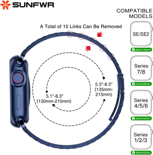 SUNFWR Stainless Steel Watch Band, Dark Blue 42mm/44mm for Apple Watch Series 9/8/7/6/5/4/3/2/1/SE, Adjustable