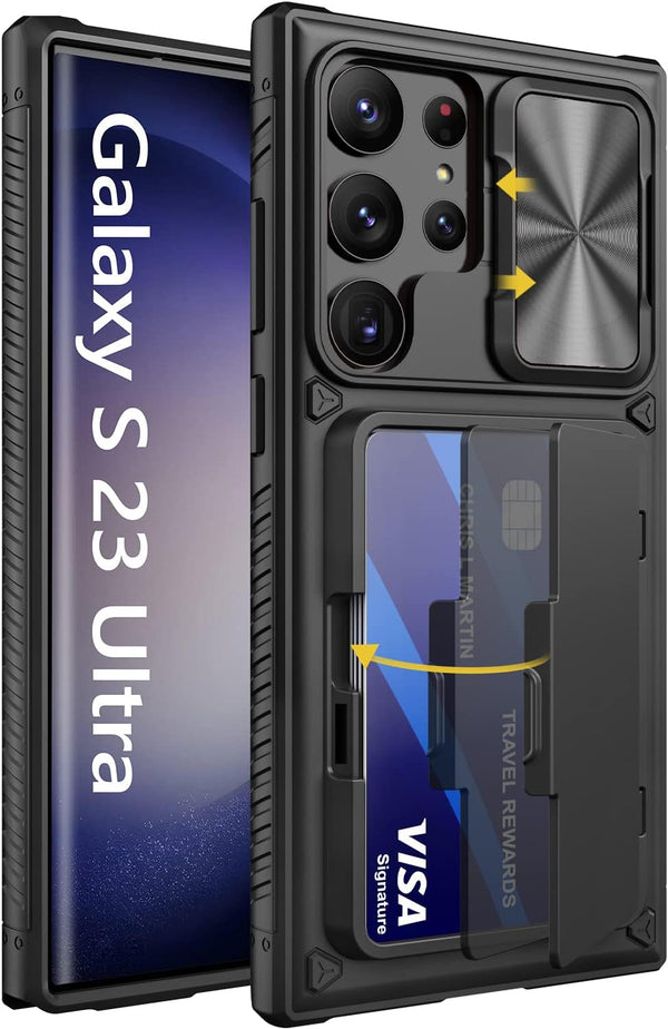 Vihibii Wallet Case for Samsung Galaxy S23 Ultra 5G, Black with Card Holder (4 Cards), Sliding Camera Cover & Kickstand