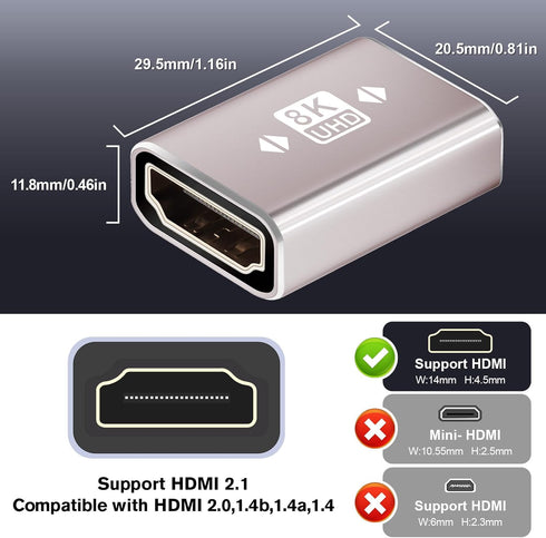 HDMI Female to Female Adapter 8K, HDMI Coupler 2-Pack, HDMI 2.1 Extension Adapter, Support 8K@60Hz, Compatiable with HDTV Roku TV, Monitors, Laptop, Projector, ARC for Laptop