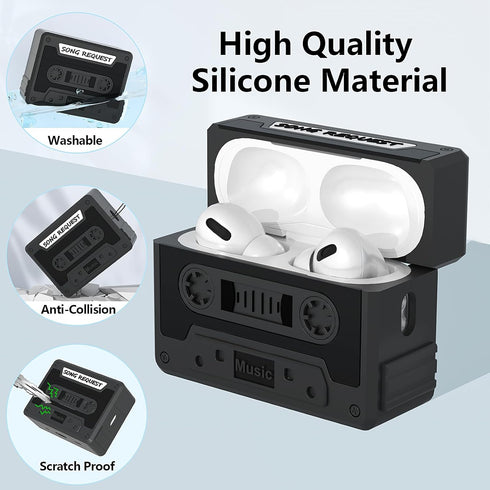 Cassette Tape Case Cover for AirPods Pro 2nd Generation, Shock Resistant, Washable, with Cleaning Kit & Lanyard