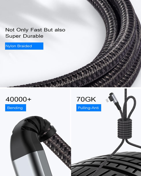 Right Angle iPhone Charger Cable 2-Pack 10FT - Apple MFi Certified Lightning Cable Fast Charging for iPhone