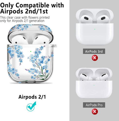 Protective Clear Floral Case Cover with Cleaner Kit Portable Shockproof Women Girls with Keychain for Apple Airpods 2/1 Charging Case - Clear/Blue Flower