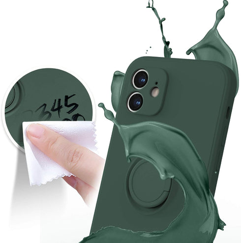 ABITKU iPhone 12 Case Compatible, Silicone with 360° Ring Kickstand Holder (Army Green) Soft Microfiber Cloth 6.1 inch
