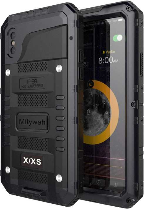 Mitywah Waterproof Case for iPhone X/XS, Heavy Duty Durable Metal Full Body Protective Case, Black