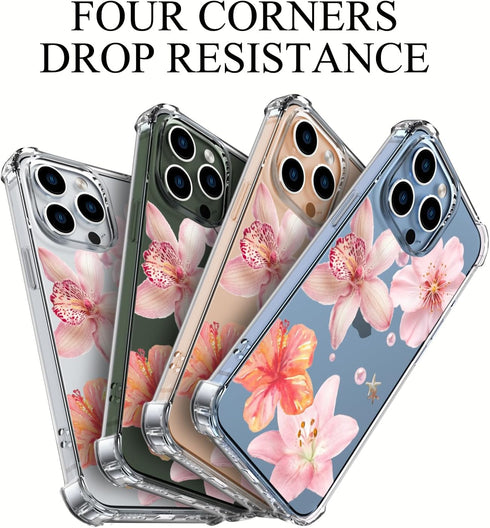Wihytec 12/12 Pink Lily Flowers Phone Case for iPhone PRO Pink Lily Case Cover Clear Phone Case Four Corner Reinforced