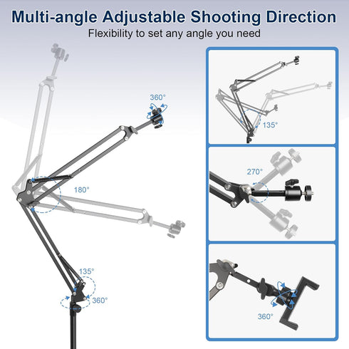 juttilax 360 5lb,Desk Overhead Camera Mount,Camera Desk Mount with Adjustable Arm and Phone Holder,Max Load-Bearing