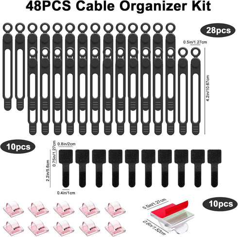 48Pcs Cord Organizer Kit, Reusable Silicone Cable Ties and Strong Adhesive Clips for Cable Management (Black)