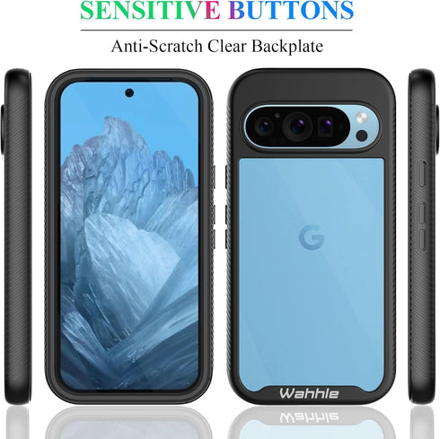 wahhle Case for Google Pixel 9/9 Pro, Built-in Screen Protector, Full Body Shockproof Slim Fit Bumper Cover, Black/Clear