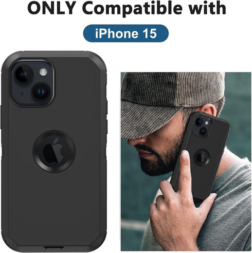 for iPhone 15 Case, with Built in Screen Protector Heavy Duty Drop Protection,Full Body 3 Layer Rugged Shockproof Dust Proof Tough Protective Phone Cover for Apple iPhone 15 Black