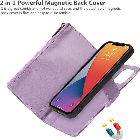 iCoverCase iPhone 13 Pro Wallet Phone Case, PU Leather Zipper Pocket Magnetic Detachable Flip Case with Wrist Strap
