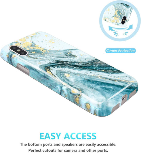 JIAXIUFEN Compatible iPhone X iPhone Xs Case, Gold Sparkle Glitter Blue Marble Slim Shockproof Cover