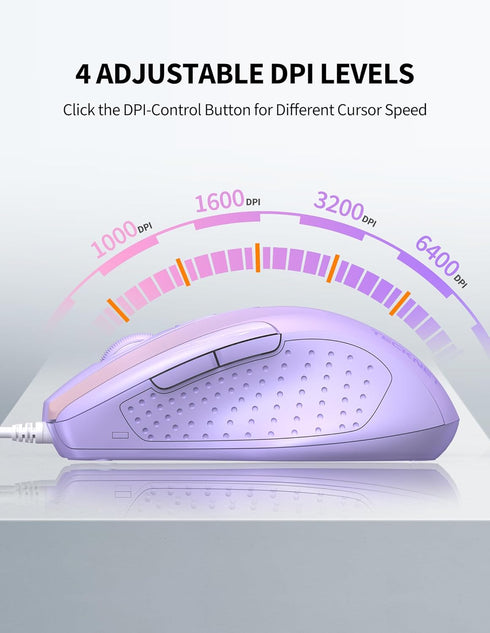 TECKNET USB Wired Mouse, 6-Button Corded Mouse with 4 Adjustable DPI, Optical Computer Mouse with Ergonomic Design and 5FT Cord for Laptop, Chromebook, PC, Desktop, Mac, Notebook-Gradient Lavender by TECKNET