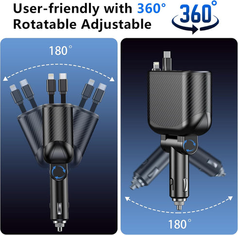 OHLPRO 5 in 1 Retractable Car Charger, 168W USB C Cigarette Lighter Adapter, Fast Charger with Dual USB Ports