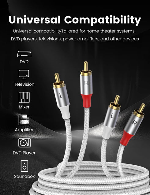 33Ft, 2 2 24K MOSWAG RCA Cables RCA Male to RCA Male Audio Cable Long, OFC Conductors, Gold Plated Nylon Braided RCA
