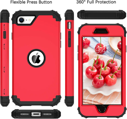 BENTOBEN for iPhone SE 2022 Case, Heavy Duty 3 in 1 Full Body Rugged Shockproof Cover for Girls Women, Red/Black