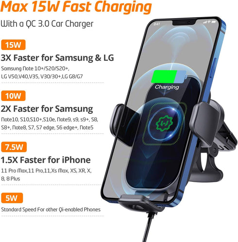 WixGear Wireless Car Charger with Automatic Arms, 15W Qi Fast Charging Phone Holder for iPhone and Samsung