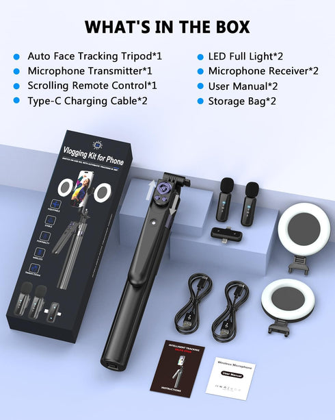 Yeaki 63Auto Vlogging Kit for iPhone/Android, Face Tracking Tripod for iPhone with Light, Wireless Microphones