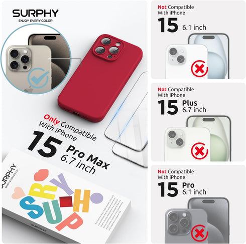 SURPHY Designed for iPhone 15 Pro Max Case Compatible with MagSafe (6.1 inch 2023), with 2 Pack Screen Protector, Liquid Silicone Phone Case (Camera Protective + Soft Microfiber Lining), Red
