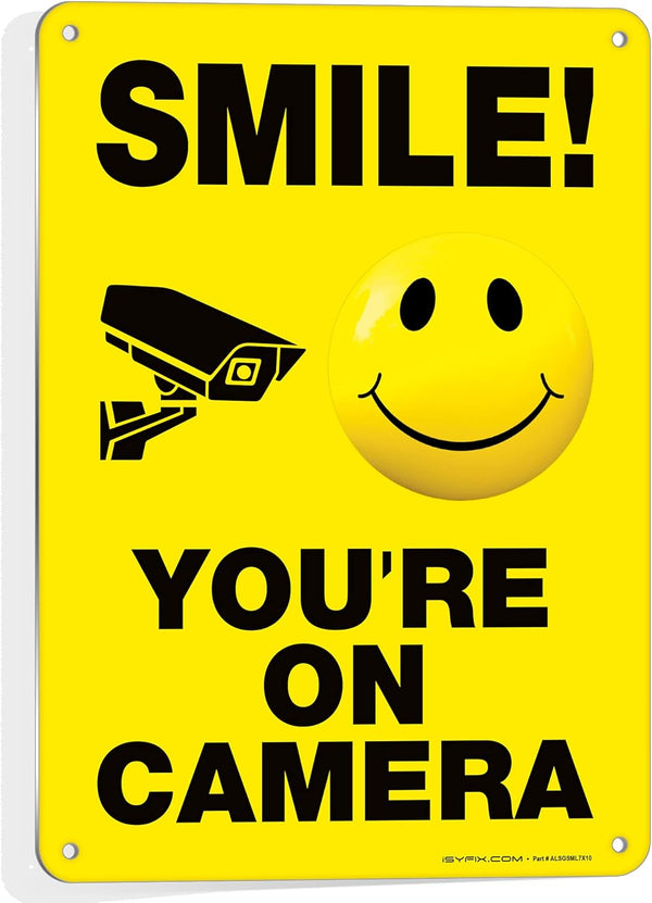 iSYFIX Smile You're on Camera Signs for Business – 1 Pack 7x10 Inch – Rust Free Aluminum Sign, UV & Weather Resistant