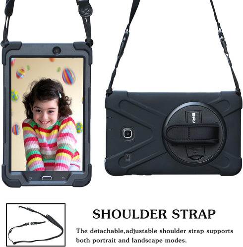 BRAECN Galaxy Tab E 8.0 Case, 360 Degree Rotation Stand/Hand Strap, Shock Proof Hybrid pc+Silicone Cover (Black)