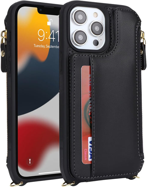 Cavor iPhone 13 Pro Case with Card Holder, Wallet Case for Women, Phone Case with Strap, Crossbody Lanyard and