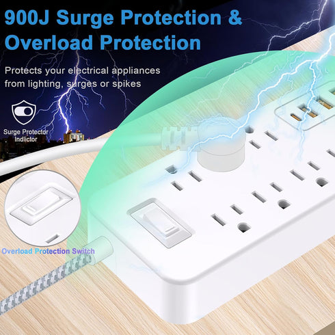 Roopersnake 8 4 Ports(1 Bluetooth Portable Speakers Extension Cord Surge Protector Power Strip - Flat Plug Braided