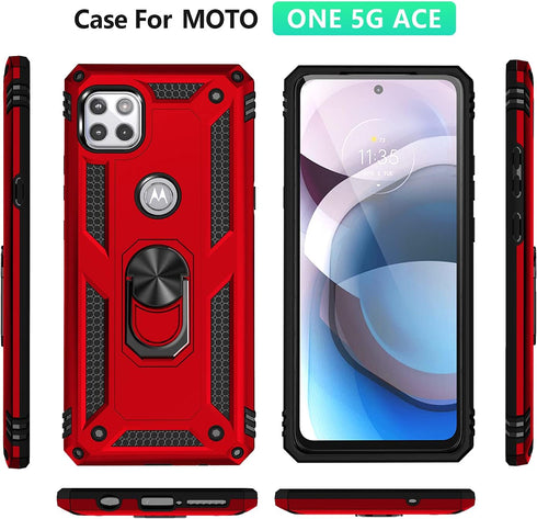 Military Grade Drop Impact Moto One 5G Ace Case, Red Heavy Duty Shockproof Armor with 360 Metal Rotating Ring Kickstand