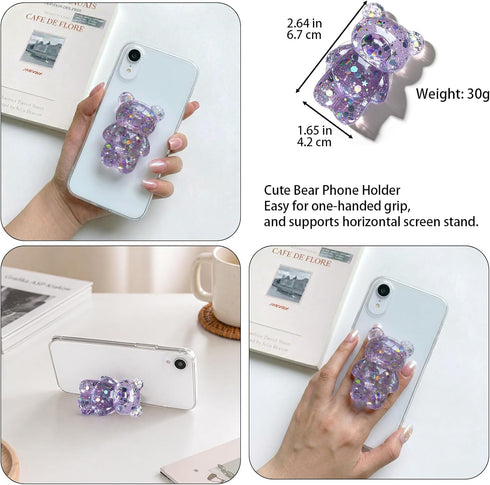 Tangseajiao 1 3D Pc Lilac Cute Phone Grip, Airbag Support Bear Phone Holder, Epoxy Sequins Cute Bear Phone Grip Tok
