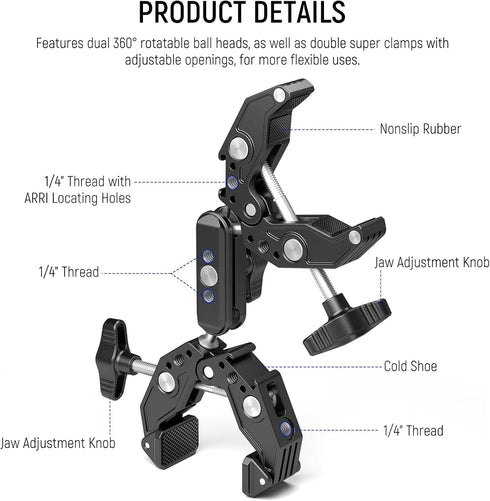 NEEWER Double Super Clamp Camera Mount with Magic Arm, Cold Shoes for Photography Reflector, Light Stand, and