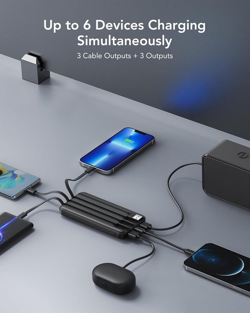 Portable Charger 10000mAh Slim Battery Pack with Built-in Cables, 6 Outputs, 3A High Speed for iPhone Samsung Pixel LG