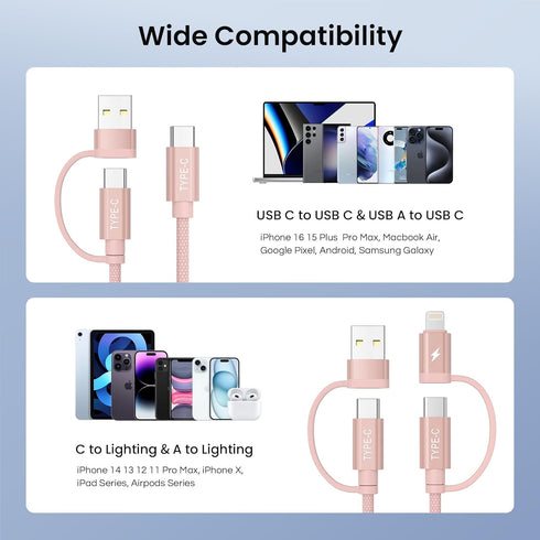 Basesailor 4-in-1 USB C to USB C Cable 1ft, 60W Fast Charging Multi Charger Cord for Kindle Fire, Samsung Tab - 2023