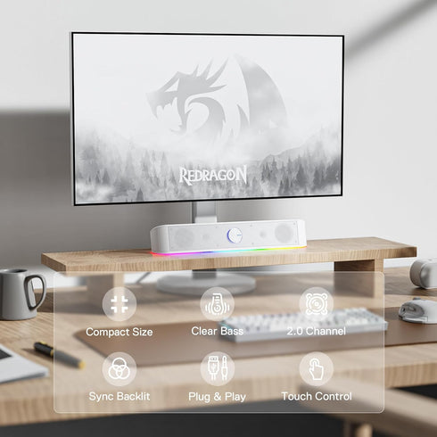 Redragon GS560 RGB Desktop Soundbar, 2.0 Channel Computer Speaker with Dynamic Lighting Bar, USB Powered, White