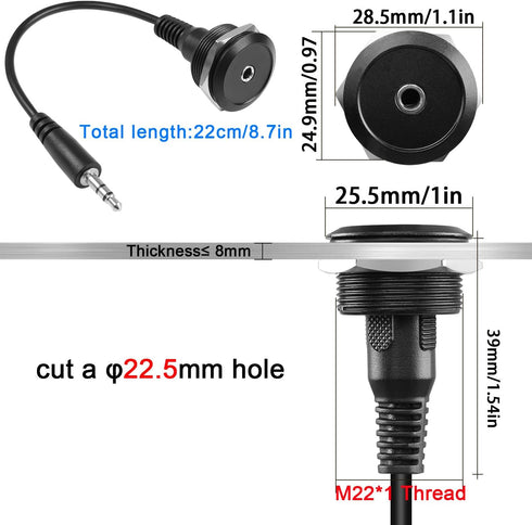 QIANRENON TRS 3.5mm Stereo Connector, 1/8 TRS Male to Female Short Cable, Panel Mount Headphone Adapter for Microphones