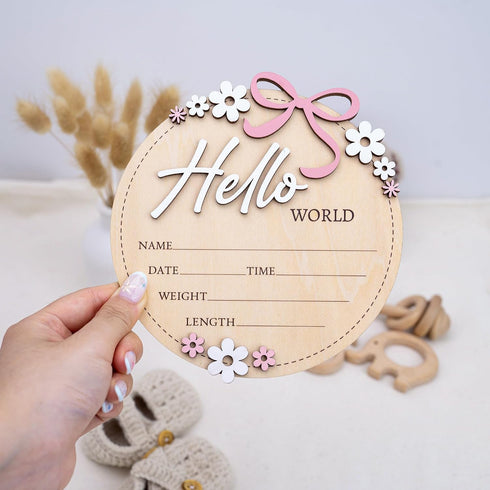 6 Inch Wooden Baby Announcement Sign Round Birth Stat Plaque with Floral and Bow Design (Hello World)