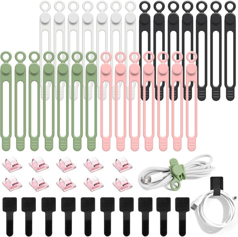 48Pcs Reusable Silicone Cable Ties, Elastic Cord Organizer, Travel Wire Management for Office, Home Desk