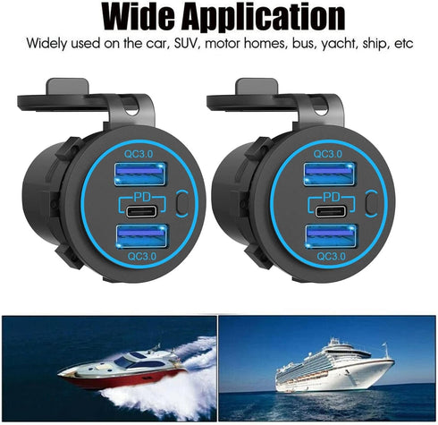 12V USB Charger, PD 20W USB-C Power Socket and 18W QC3.0 Socket Waterproof Power Outlet for Car, RV, Boat