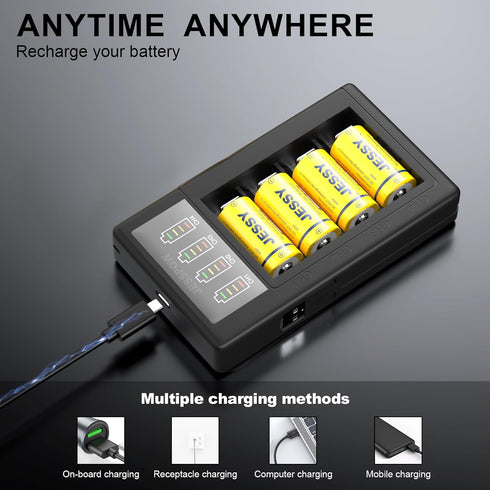 JESSY 4 Pack CR123A Rechargeable Batteries - 3.7V 123A Lithium Battery and Charger for Arlo Cameras, Flashlights,