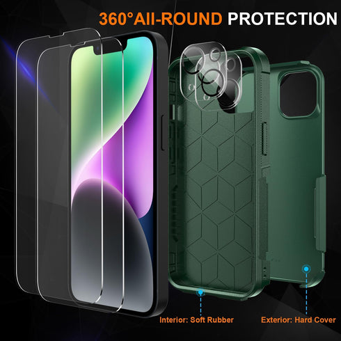 Ezanmull iPhone 14 Case - Dark Green, Full-Body, Shockproof & Dropproof + 2 Tempered Glass & Camera Lens Protectors.