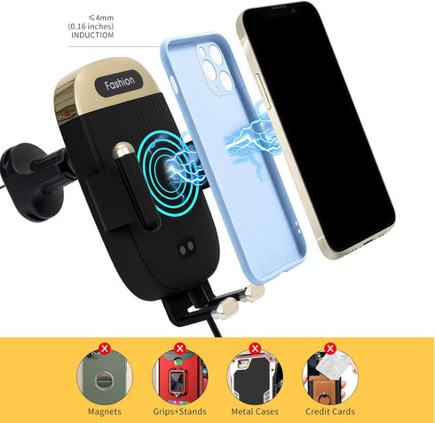 Wireless Car Charger Mount, 15W Qi Fast Charger with Smart Sensor Air Vent, Automatic Clamping Phone Holder for iPhone