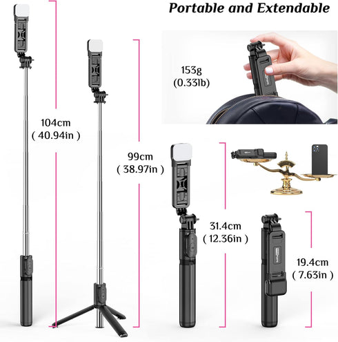 Selfie Stick Tripod with Fill Light, Extendable Selfie Stick with Detachable Wireless Remote, Flexible Phone Tripod