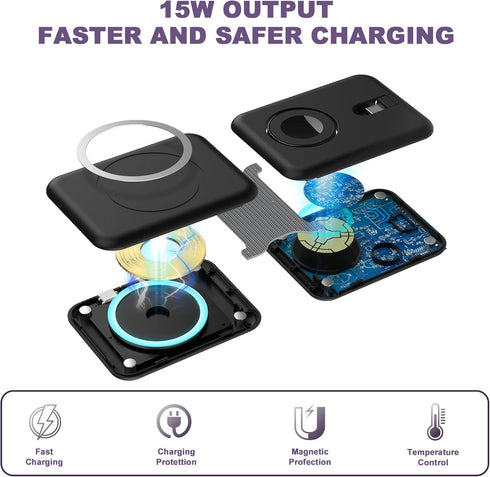 3 1 in Wireless Charger, Foldable Magnetic Charging Station, Fast Travel Wireless Charging Pad for Multiple Apple