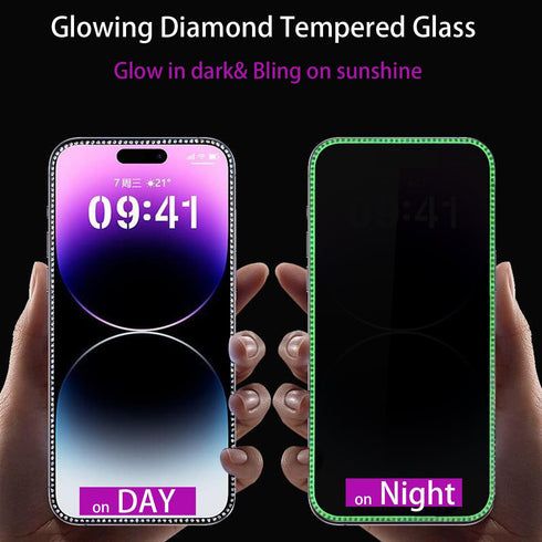 2PCS Diamond Bling Glitter Screen Protector for iPhone 14 Pro/15, 6.1" Tempered Glass, Sparkling Shine at Night.