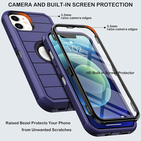 for iPhone 12 Case,iPhone 12 Pro Case with Belt Clip Holster,Built-in Screen Protector,Heavy Duty Shockproof Drop Protection Military Grade Rugged Durable Phone Cover with Kickstand (Deep Blue)